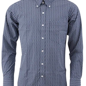 Relco Mens Navy Blue Retro Print Long Sleeved Retro Mod Button Down Shirt