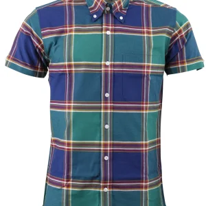 Relco Mens Green Navy Checked Short Sleeved Button Down Shirts