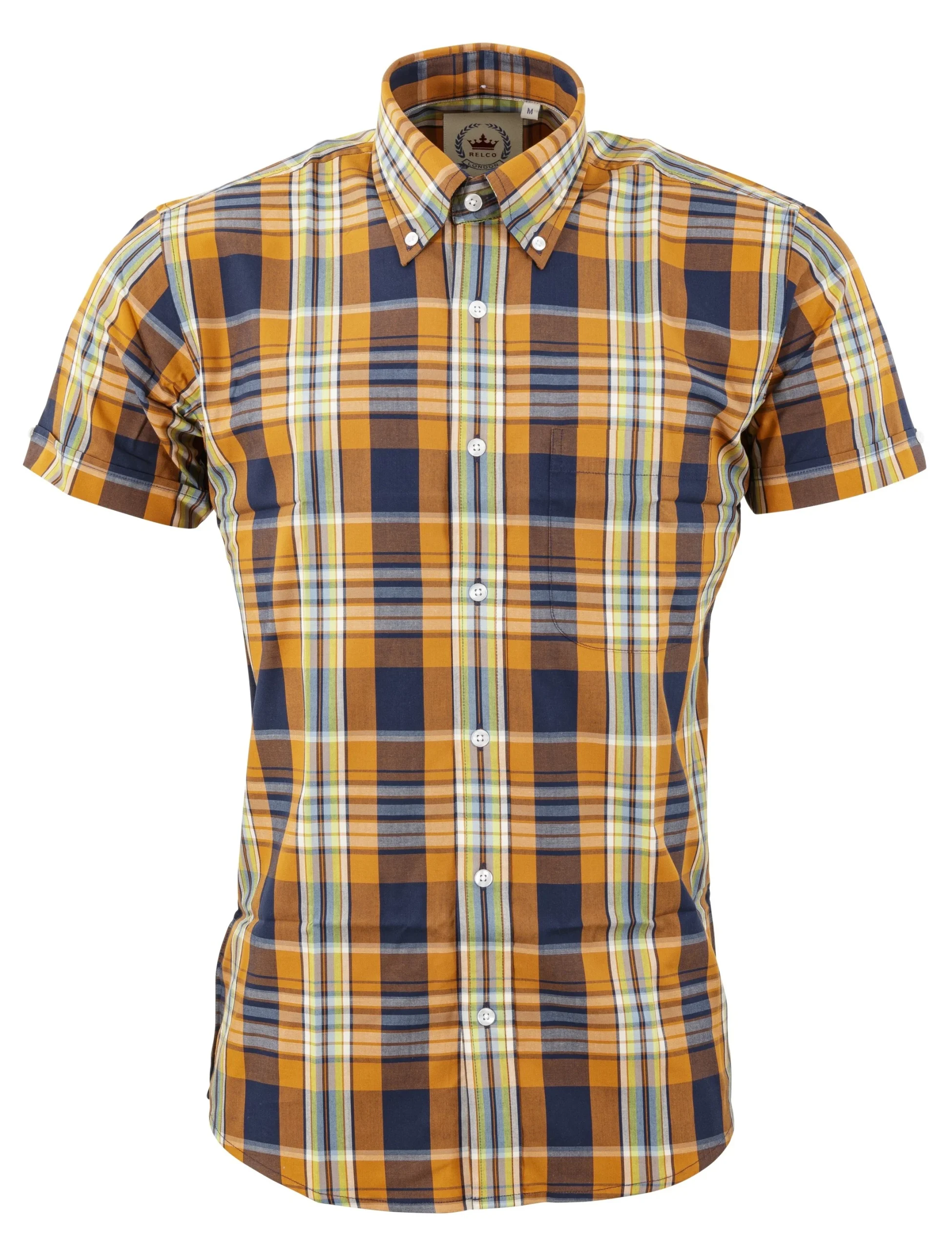 Relco Mens Orange Check Short Sleeved Vintage/Retro Button Down Shirts