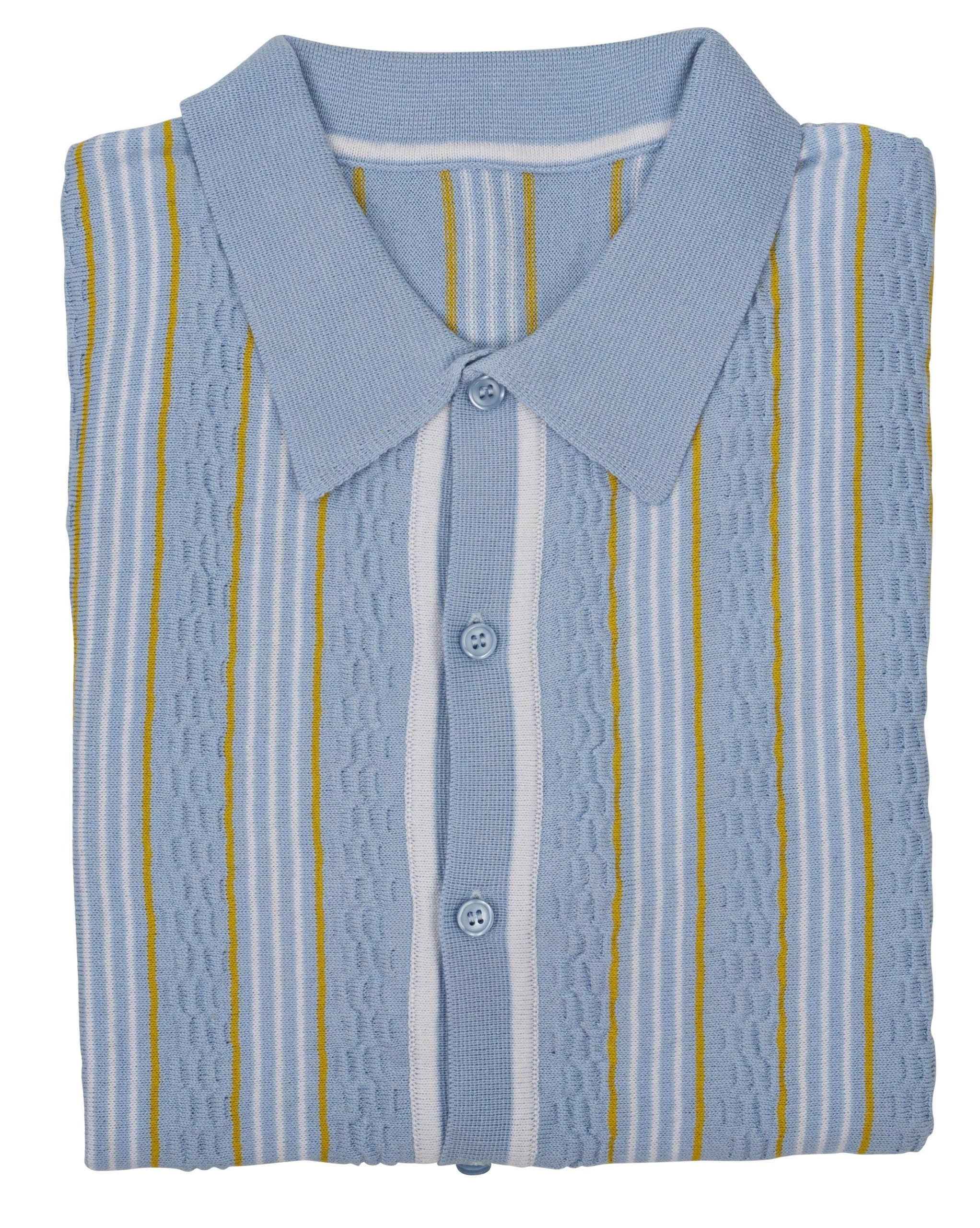 Relco Mens Sky Blue Retro Textured Striped Knitted Polo Cardigan - Imagen 3