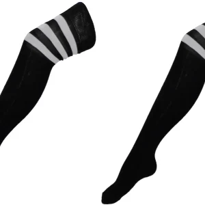 Ladies 2 Pair Pack of Black Striped Top Over the Knee Socks