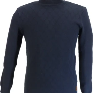 Trojan Mens Navy Blue Fine Gauge Diamond Panel Roll Neck Jumper