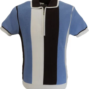Ska & Soul Mens Brown/Sky Rib Stripe Fine Gauge Knitted Zip Shirts