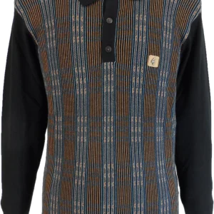 Gabicci Mens Black Multi Stripe Retro Knitted Polo