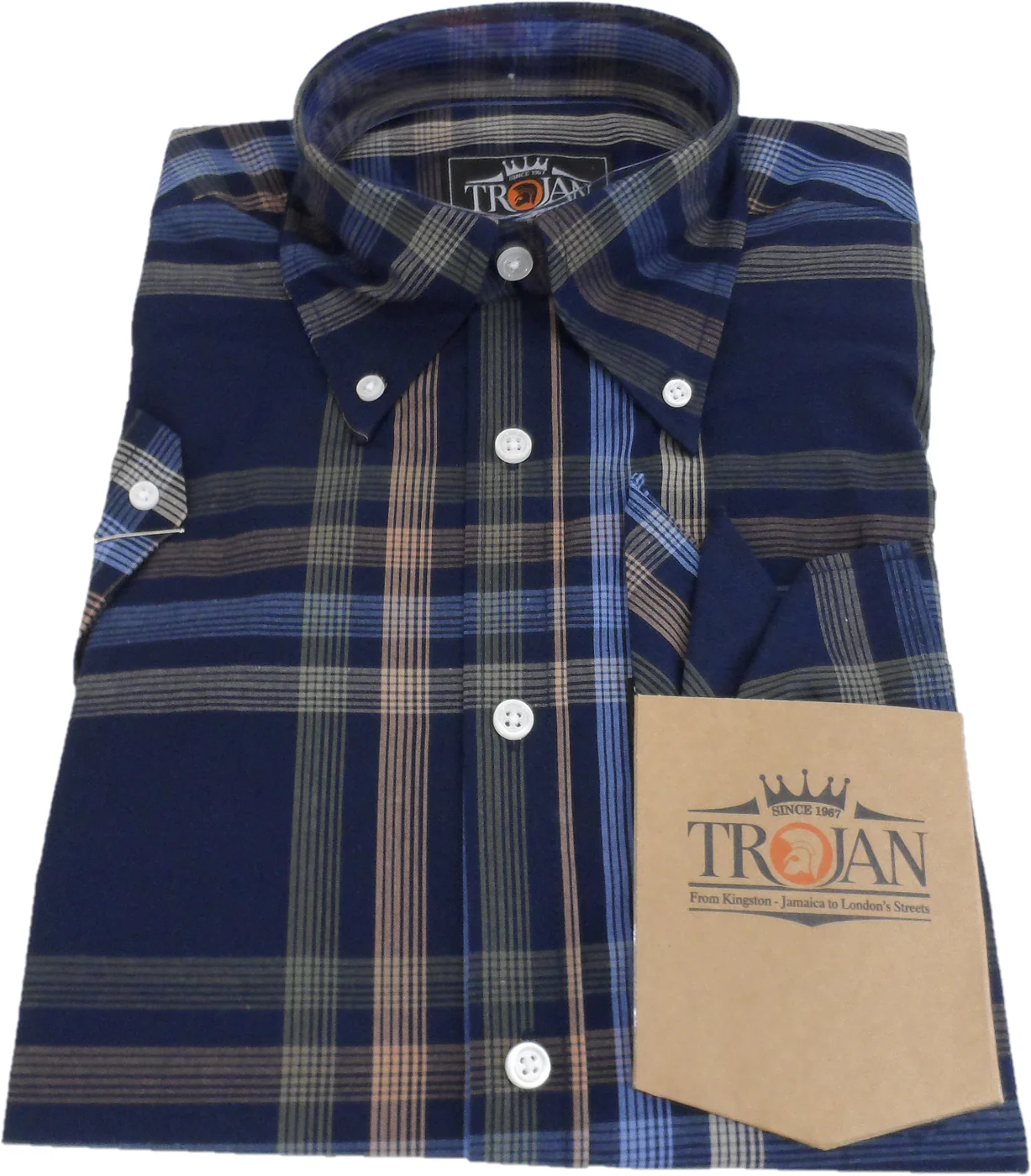 Trojan Mens Navy Check 100% Cotton Short Sleeved Shirts and Pocket Square - Imagen 3