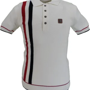 Trojan Mens Ecru Textured Racing Stripe Knitted Polo Shirt