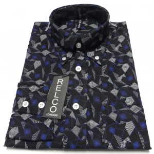 Relco Black Blue Print Cotton Long Sleeved Retro Mod Button Down Shirts