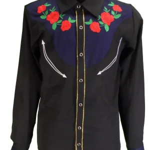 Mazeys Mens Black Western Rose Cowboy Vintage/Retro Shirts