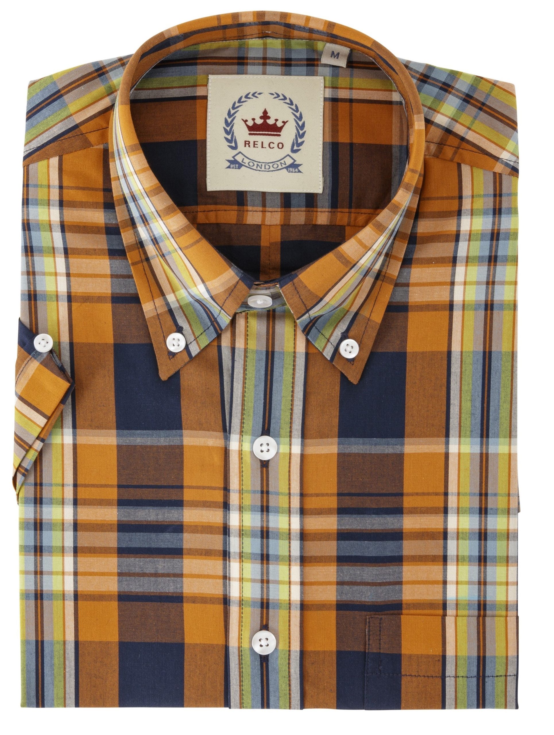 Relco Mens Orange Check Short Sleeved Vintage/Retro Button Down Shirts - Imagen 4