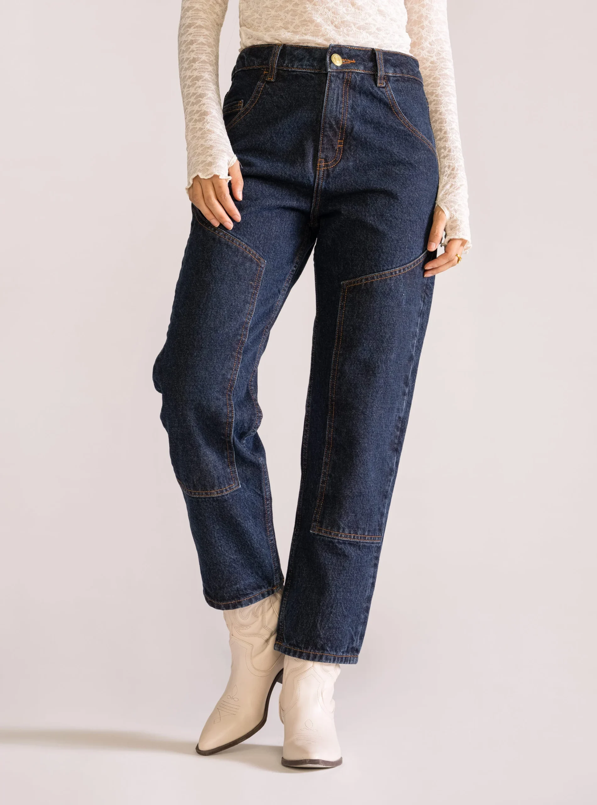 90's Straight Double Front Jeans, Azul Obscuro