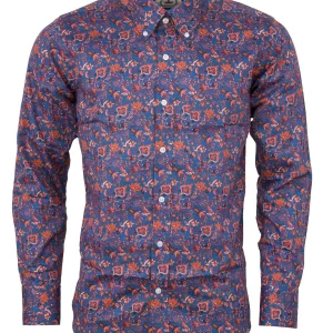 Relco Blue Floral Long Sleeved Retro Mod Button Down Shirt