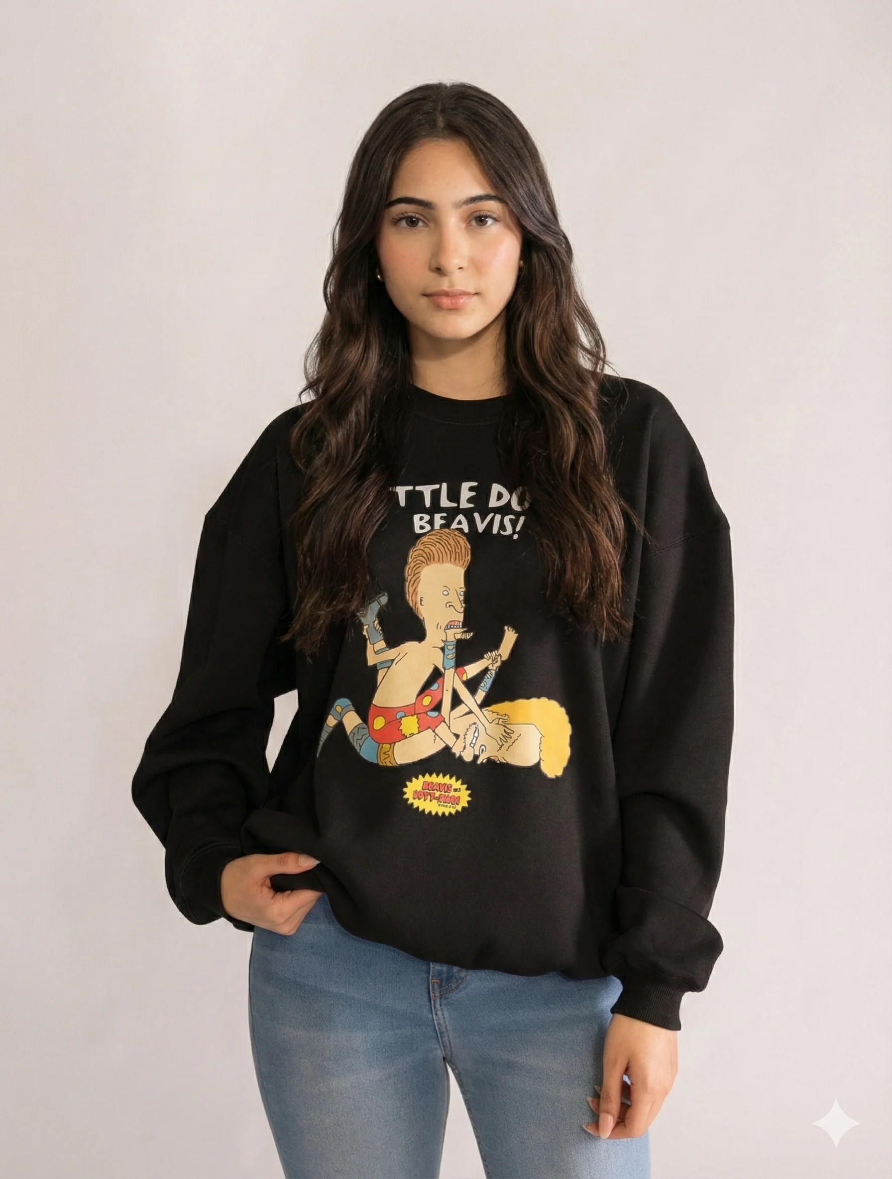 Settle Down Beavis! Crewneck, Negro