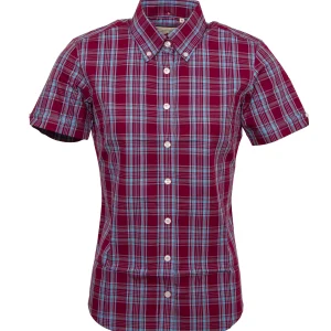 Relco Ladies Retro Burgundy/Sky Blue Check Button Down Short Sleeved Shirts