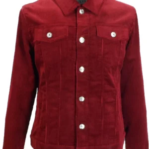 Mens 60s Retro Vintage  Burgundy Cord Western Trucker Jacket