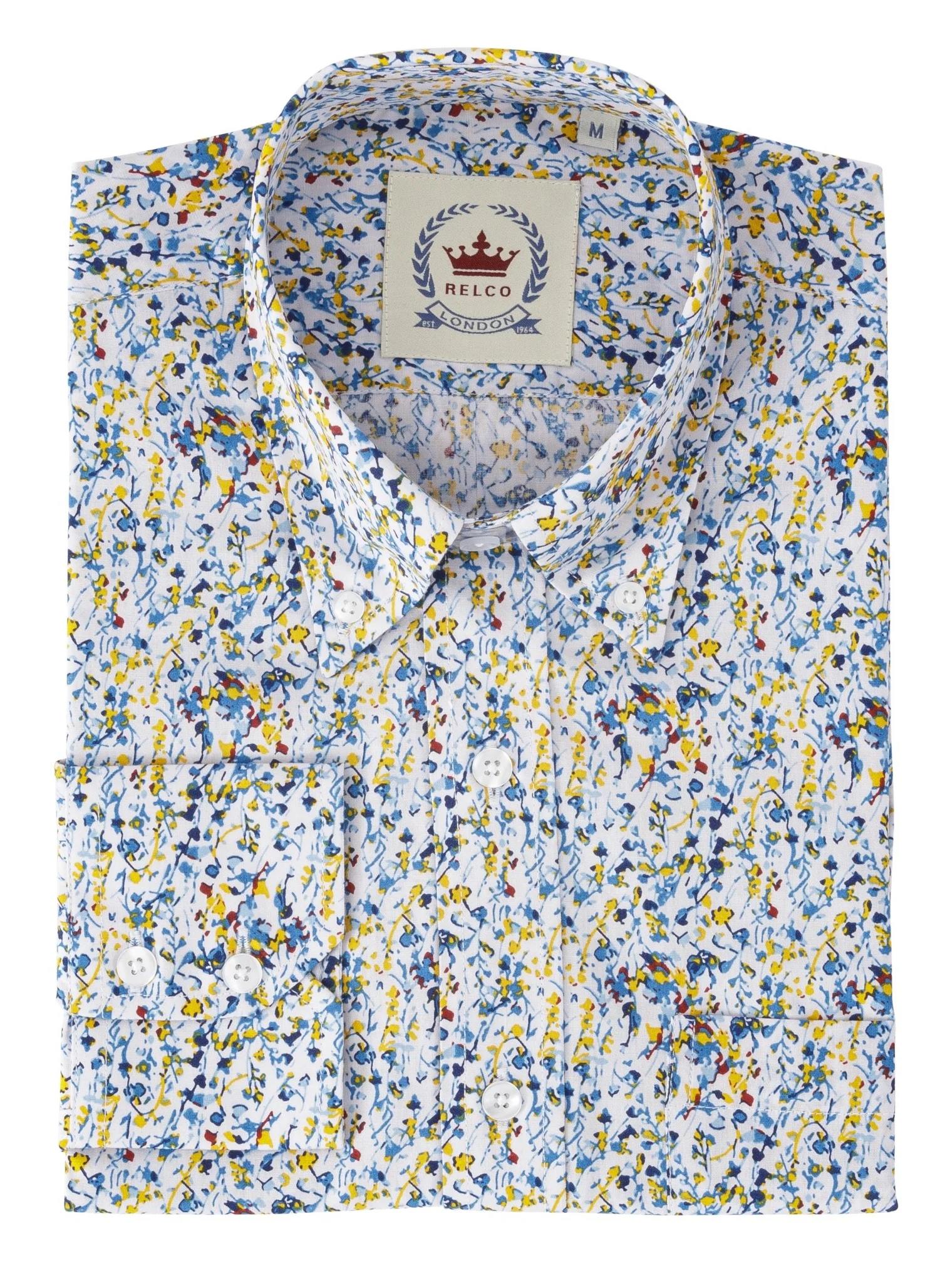 Relco Yellow/Blue Floral Long Sleeved Retro Mod Button Down Shirt - Imagen 4