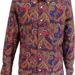 Mazeys Mens 60s 70s Navy Multi Retro Paisley Shirt
