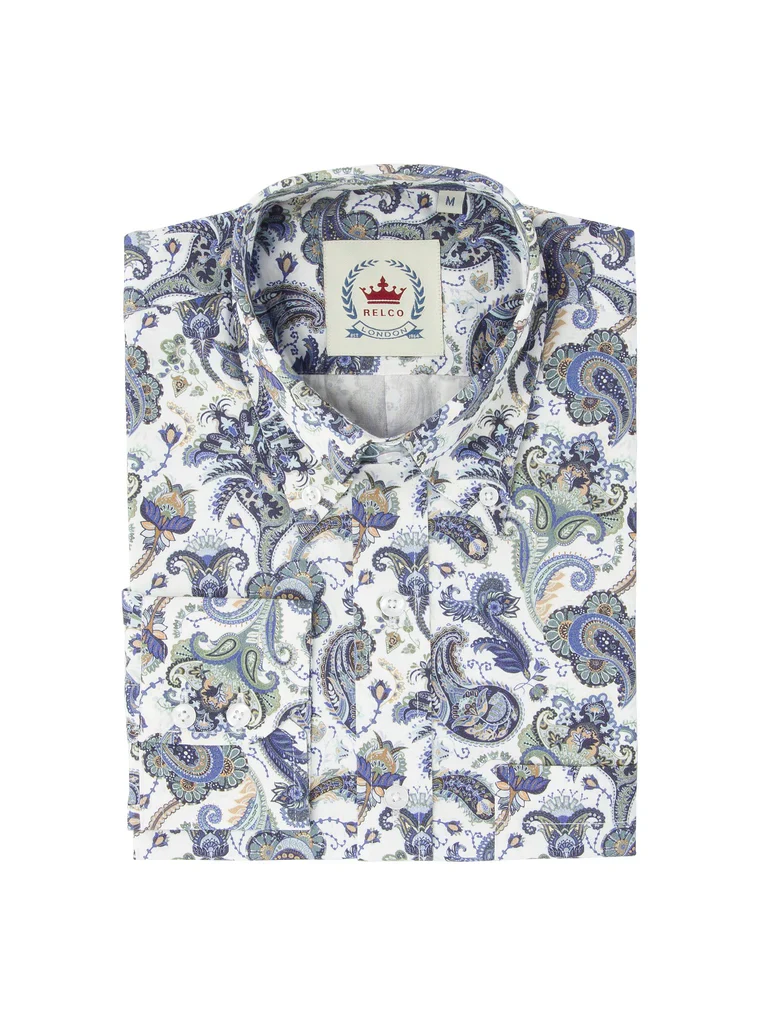 Relco White Green Blue Multi Paisley Long Sleeved Retro Mod Button Down Shirt - Imagen 3
