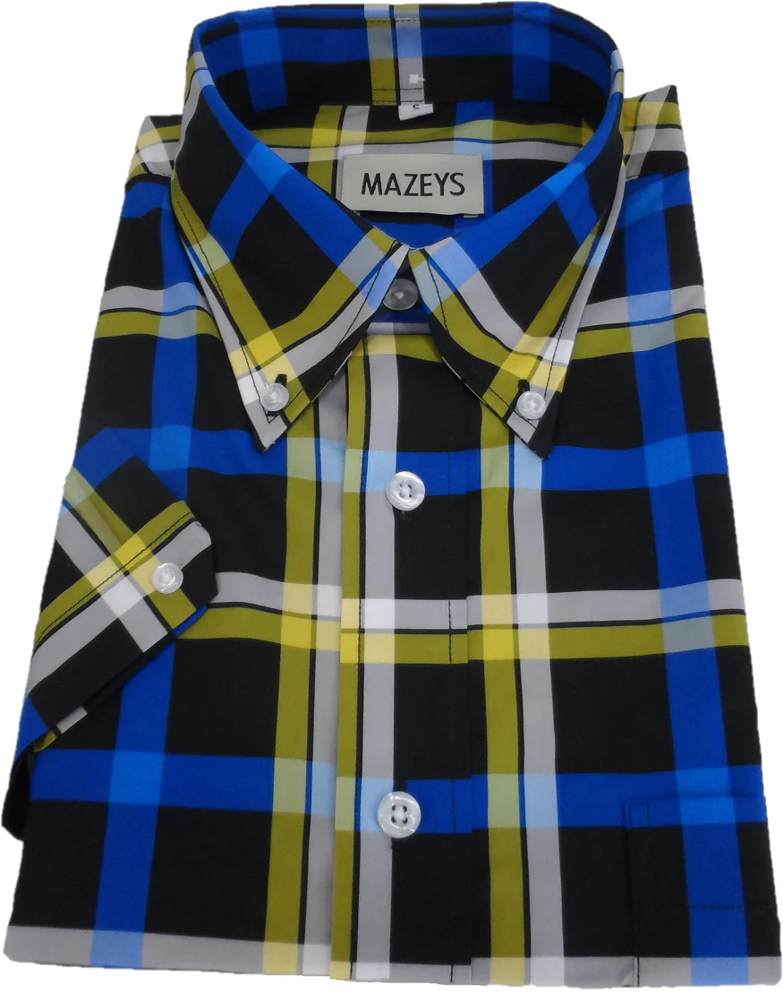 Mazeys Mens Black/Yellow Multi Checked 100% Cotton Short Sleeved Shirts - Imagen 4