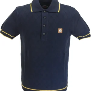 Trojan Records Mens Navy/Mustard Diamond Fine Gauge Knitted Polo Shirt