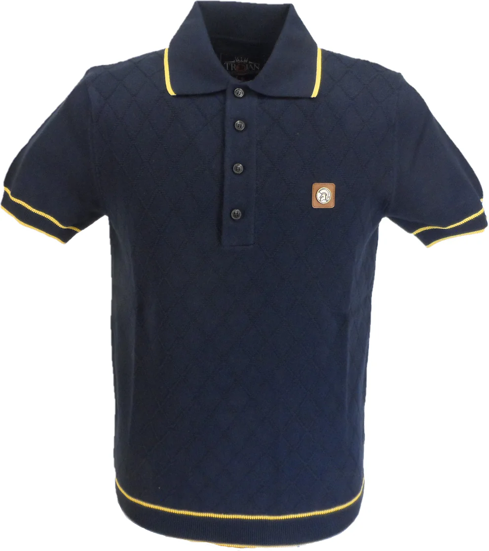 Trojan Records Mens Navy/Mustard Diamond Fine Gauge Knitted Polo Shirt
