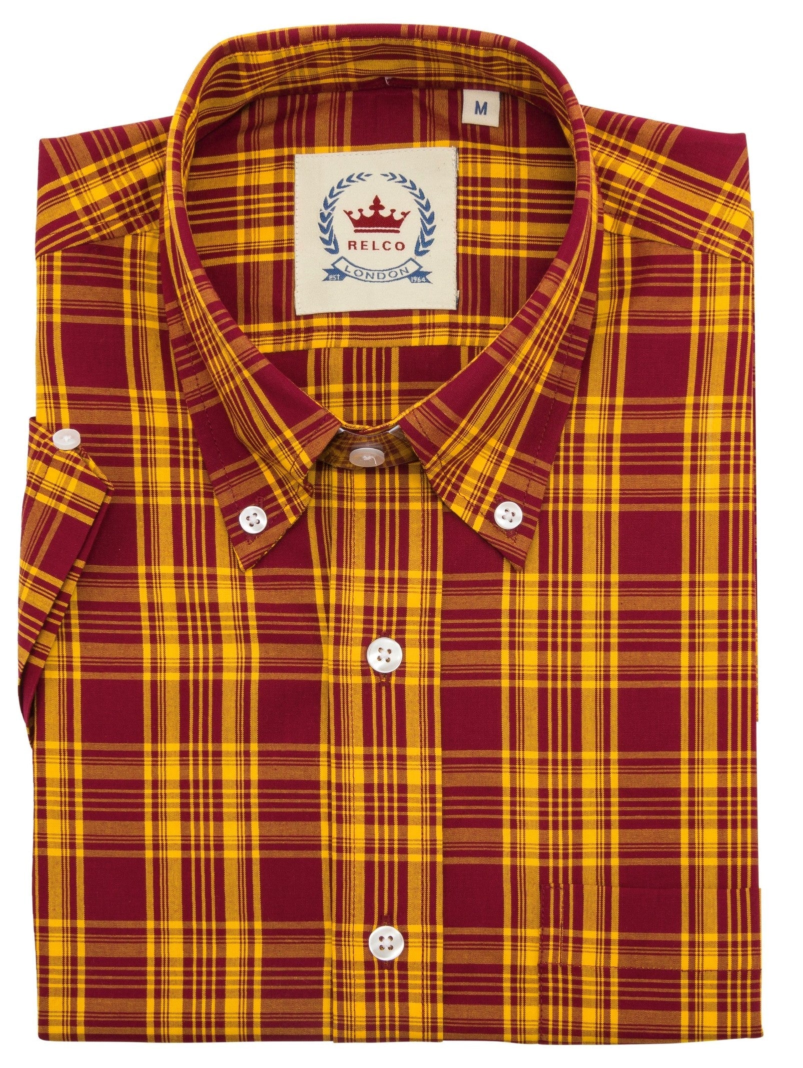 Relco Mens Burgundy & Mustard Checked Short Sleeved Button Down Shirts - Imagen 3