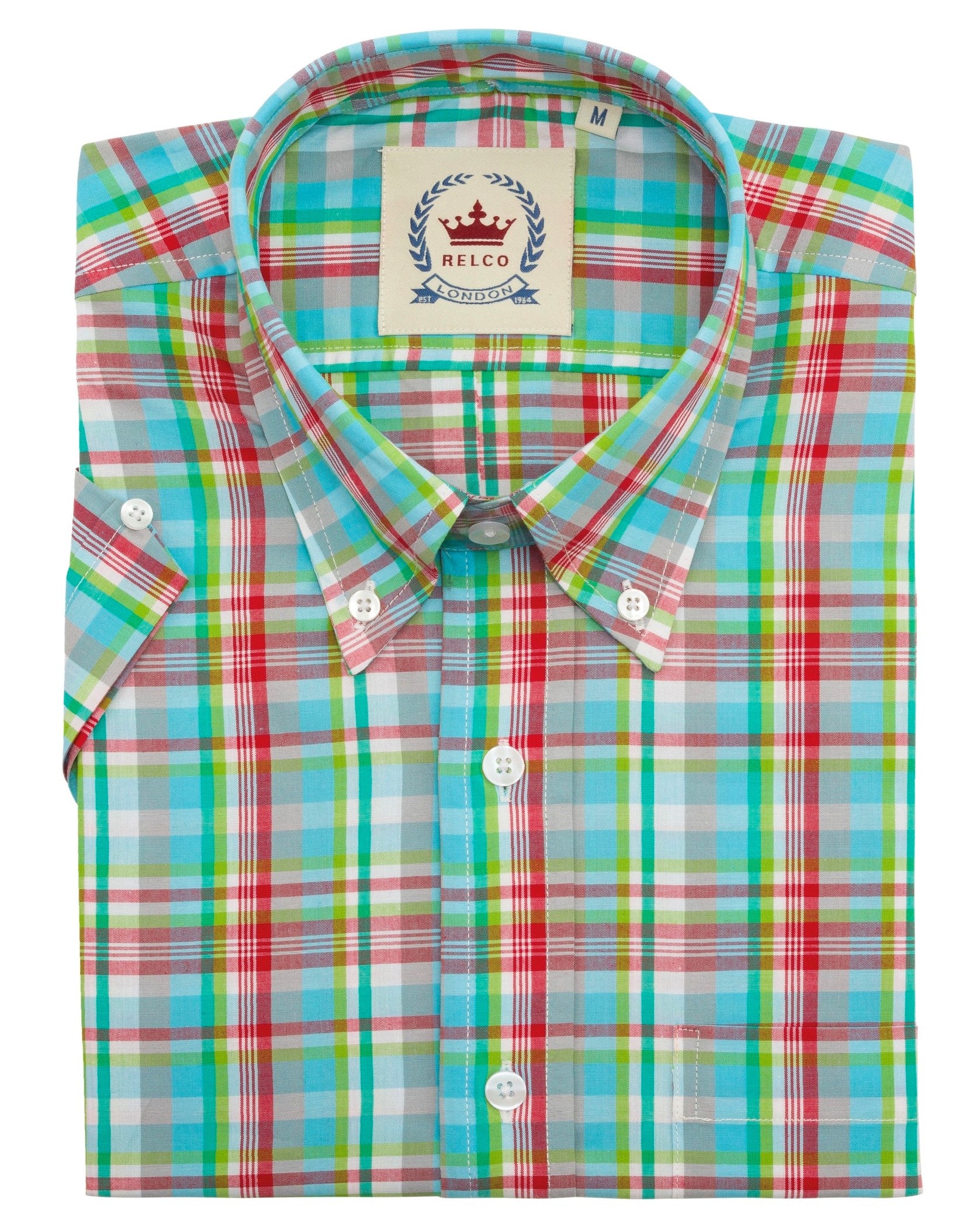 Relco Mens Multi Green Checked Short Sleeved Button Down Shirts - Imagen 4