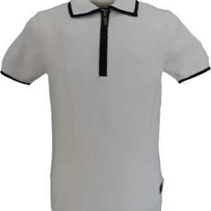 Trojan Records Mens Ecru Diamond Zipped Knitted Polo Shirt
