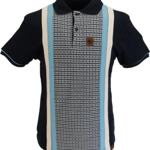 Trojan Records Mens Navy Blue Stripe Dogtooth Polo Shirt