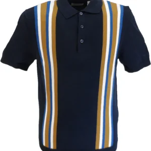 Ben Sherman Navy Blue Knitted Striped Mod Polo Shirt