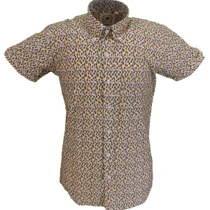 Relco Mens Yellow Retro Print Short Sleeved Mod Button Down Shirt