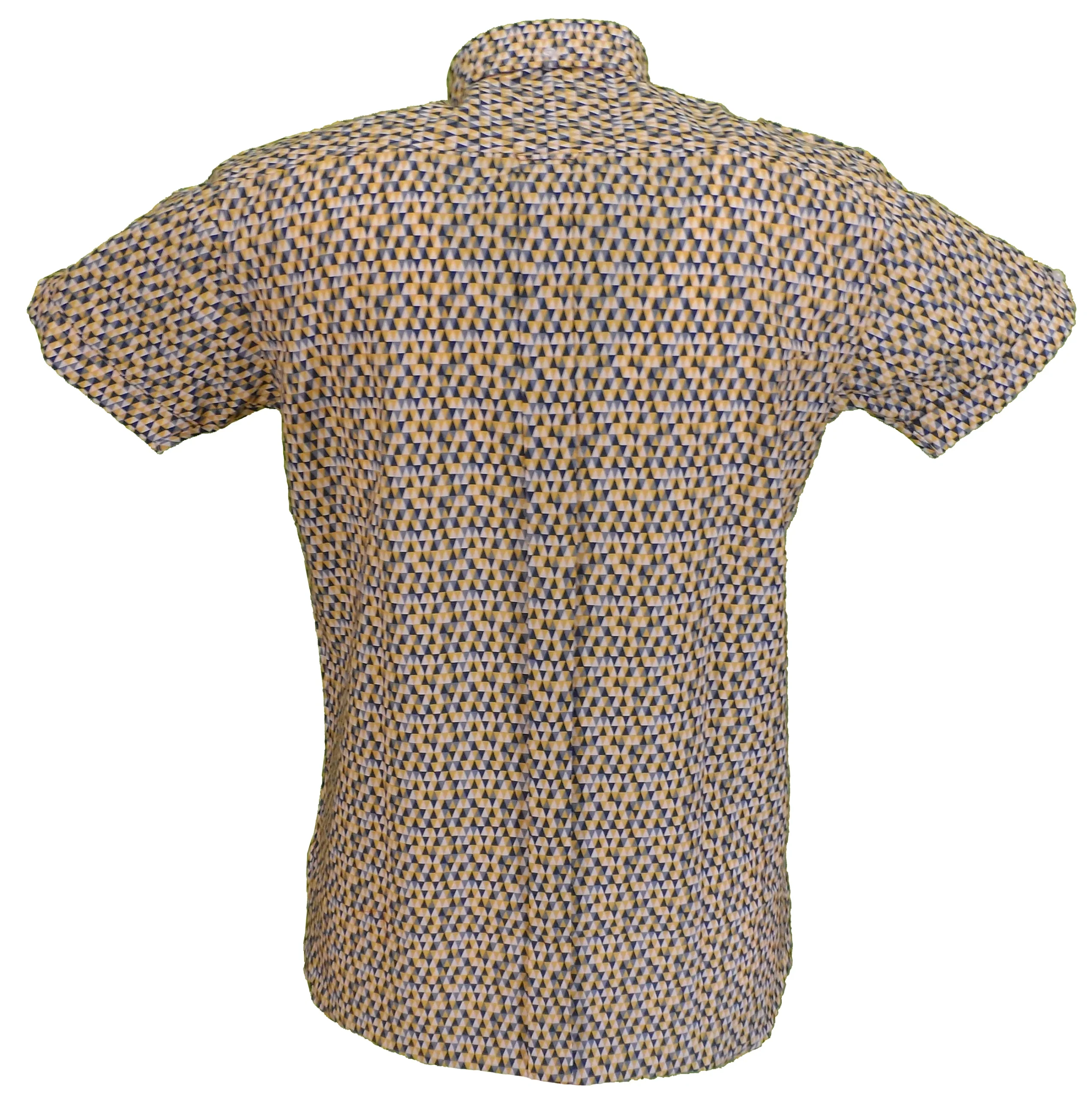 Relco Mens Yellow Retro Print Short Sleeved Mod Button Down Shirt - Imagen 4