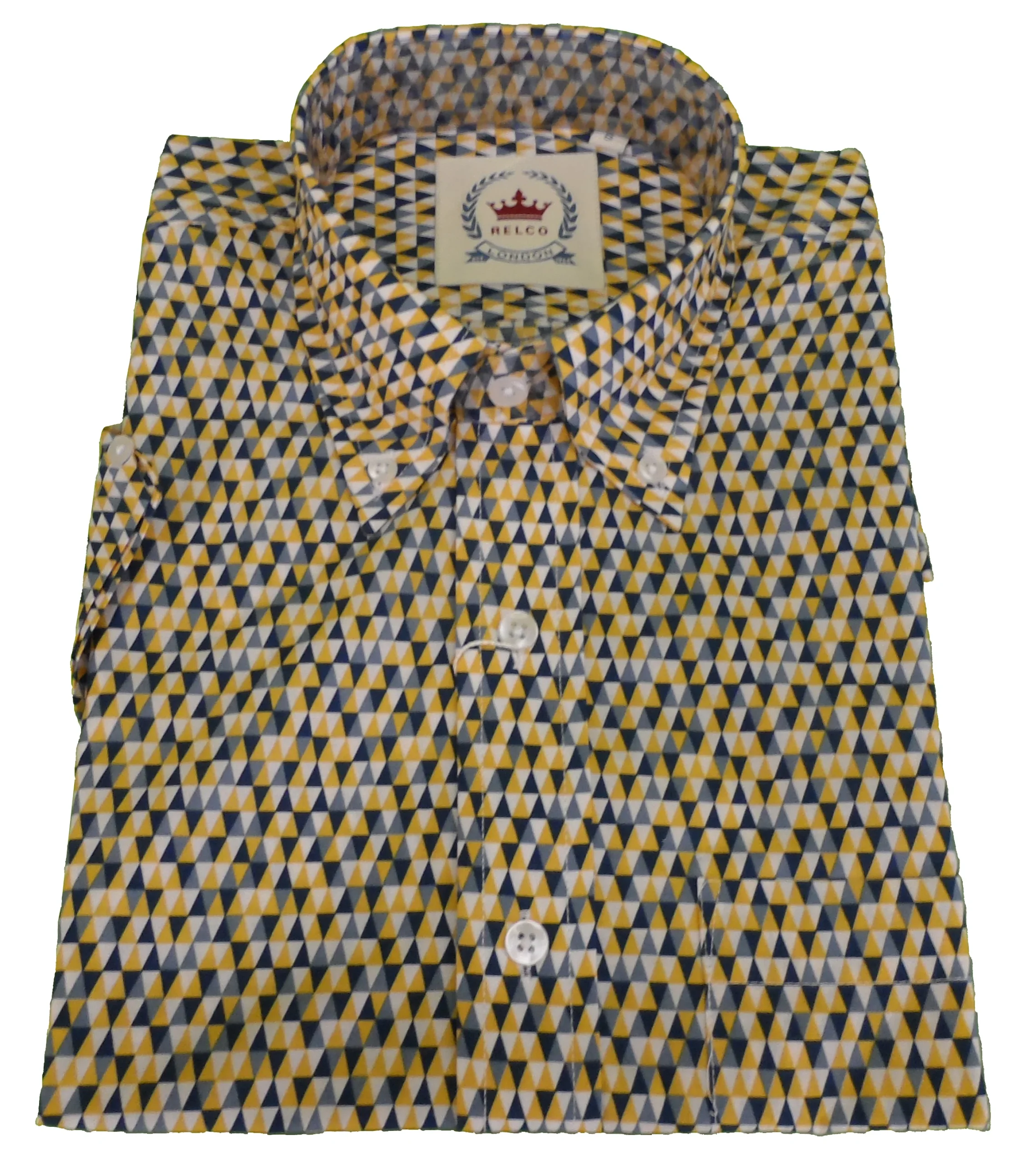 Relco Mens Yellow Retro Print Short Sleeved Mod Button Down Shirt - Imagen 3