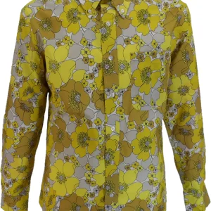 Mens 70s Mellow Yellow Retro Psychedelic Floral Shirt
