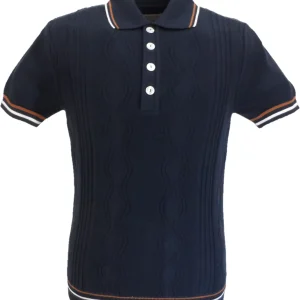 Ska & Soul Mens Navy Blue Knitted Pointelle Polo Shirt