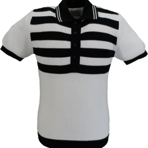 Ska & Soul Mens Ecru/Black Striped Waffle Knited Polo Shirt