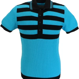 Ska & Soul Mens Hall Turquoise Blue Striped Waffle Knitted Polo Shirt