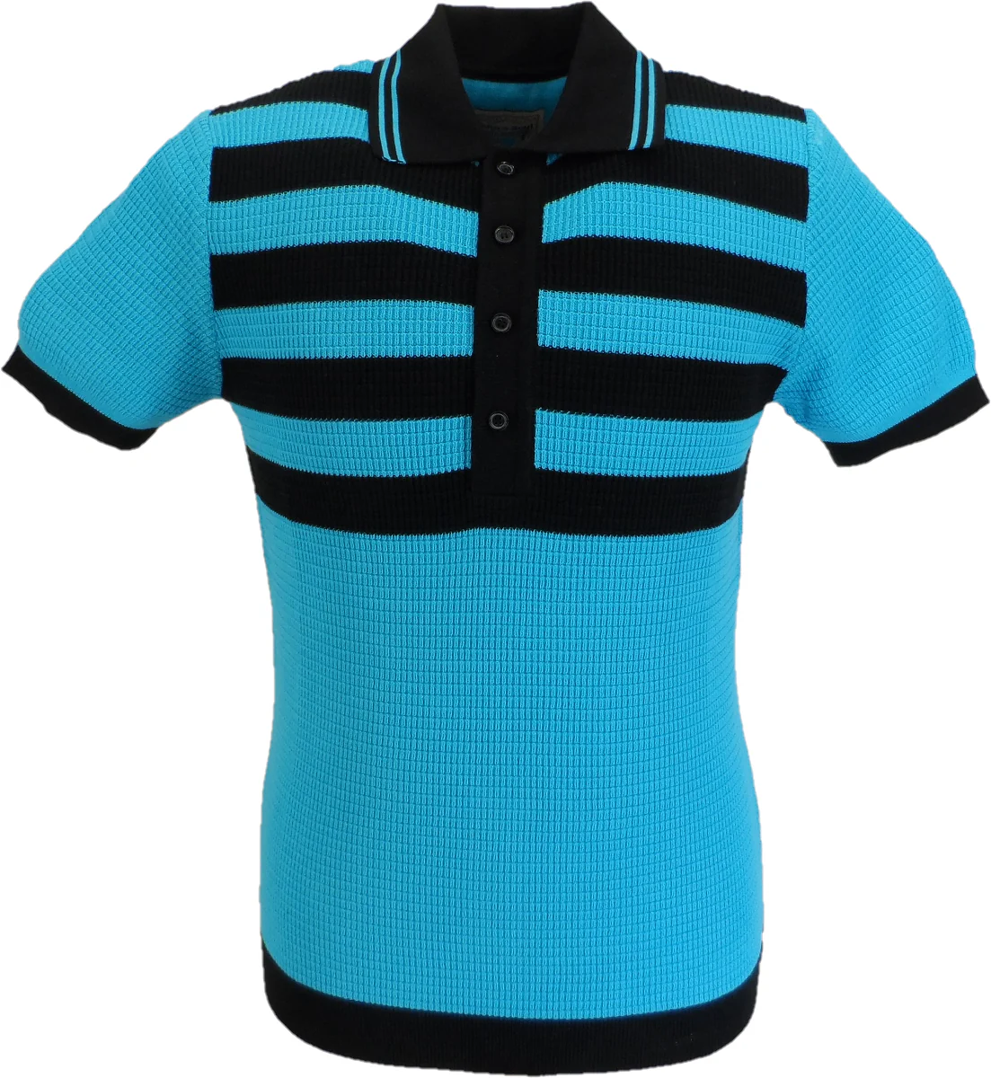 Ska & Soul Mens Hall Turquoise Blue Striped Waffle Knitted Polo Shirt