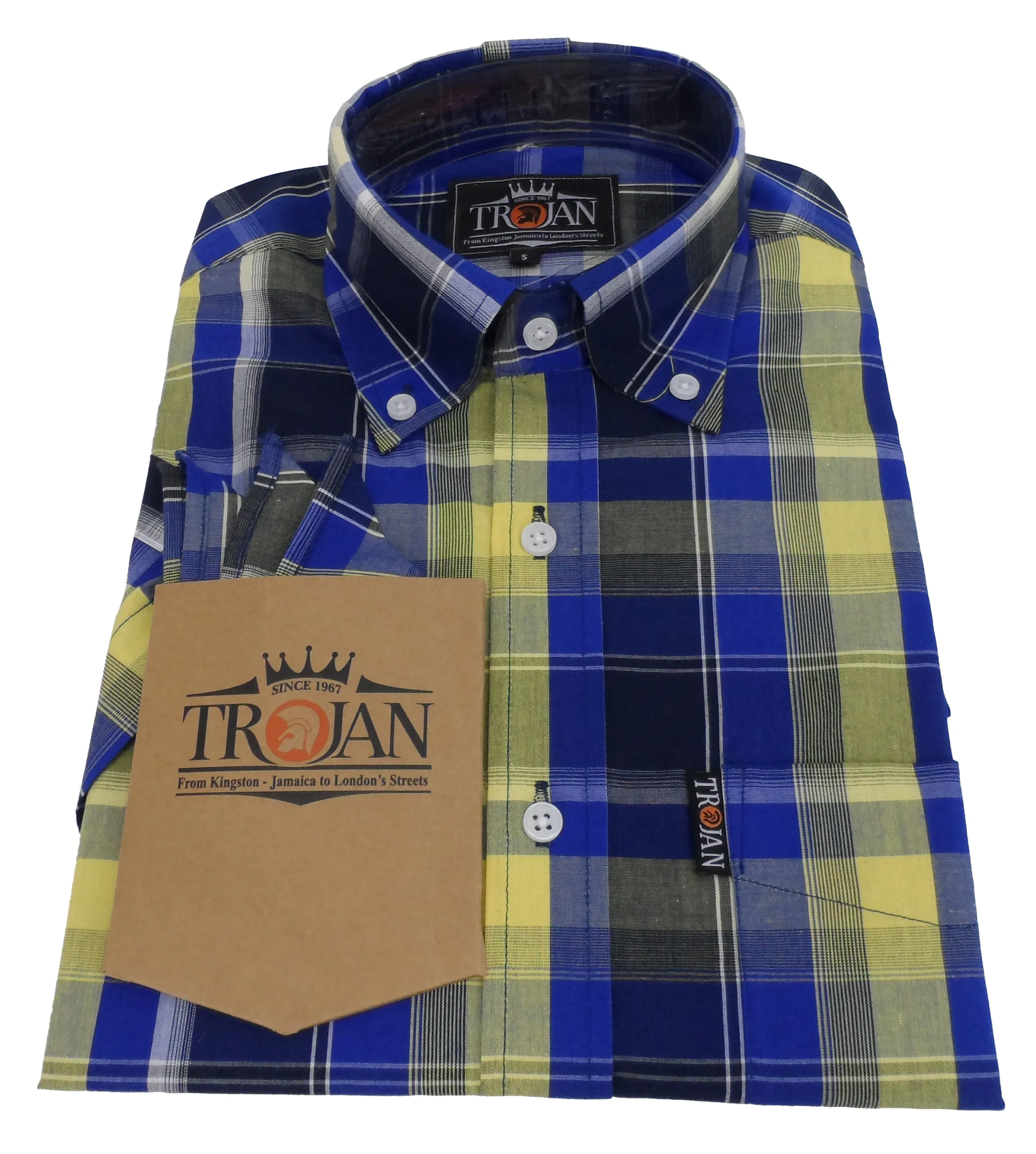 Trojan Mens Cobalt Blue Check 100% Cotton Short Sleeved Shirts and Pocket Square - Imagen 4