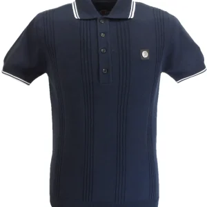 Trojan Records Mens Navy Blue Self Stripe Knitted Polo Shirt