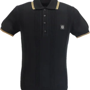 Trojan Records Mens Black Self Stripe Knitted Polo Shirt