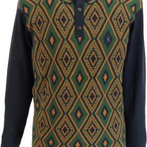 Gabicci Mens Navy Blue Geometric Retro Knitted Polo