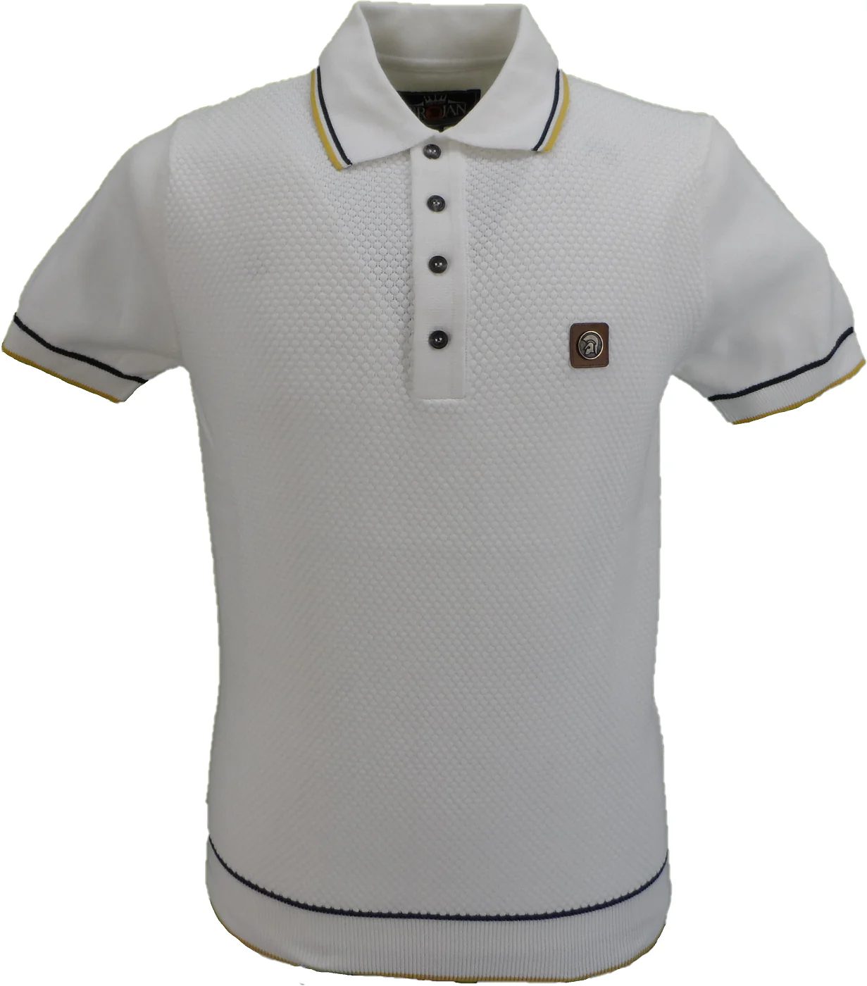 Trojan Mens Ecru/Black/Gold Textured Fine Gauge Knitted Polo Shirt