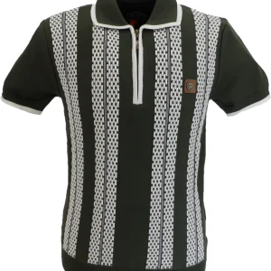 Trojan Mens Army Green Zip Stripe Fine Gauge Zipped Knitted Polo Shirt