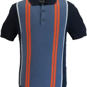 Ben Sherman Navy Blue Knitted Striped Mod Polo Shirt