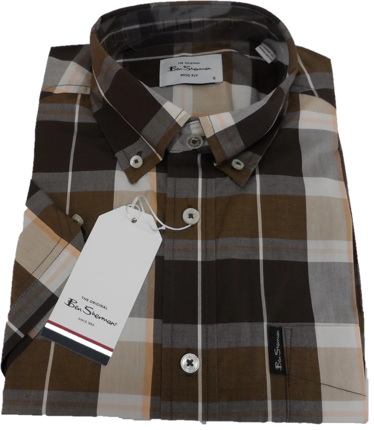 Ben Sherman Mens Dark Brown Checked Short Sleeved Shirt - Imagen 3