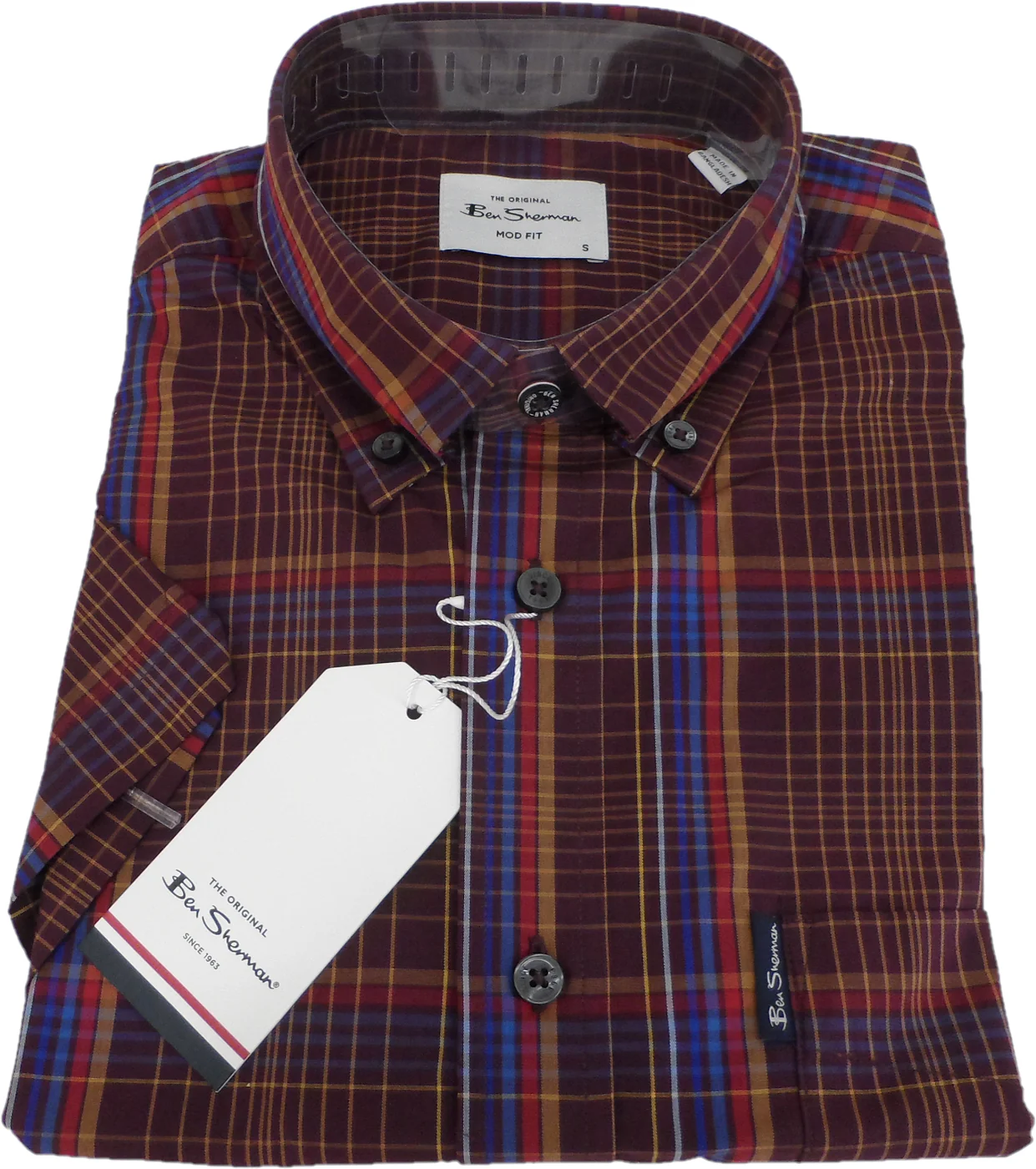 Ben Sherman Mens Dark Wine Checked Short Sleeved Shirt - Imagen 3