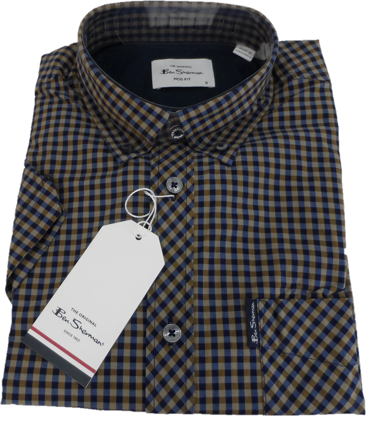 Ben Sherman Mens Bronze Gingham Checked Short Sleeved Shirt - Imagen 3