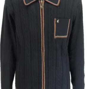 Gabicci Mens Black Laverne Textured Zip Up Retro Knitted Cardigan