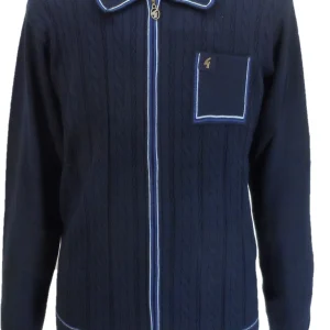 Gabicci Mens Navy Blue Laverne Textured Zip Up Retro Knitted Cardigan