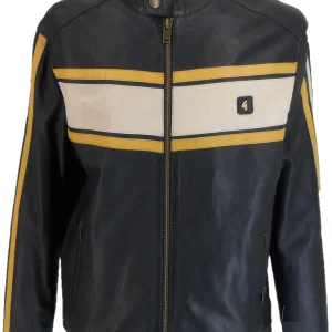 Gabicci Mens Lambaert Navy/White/Gold Leather Rally Jacket